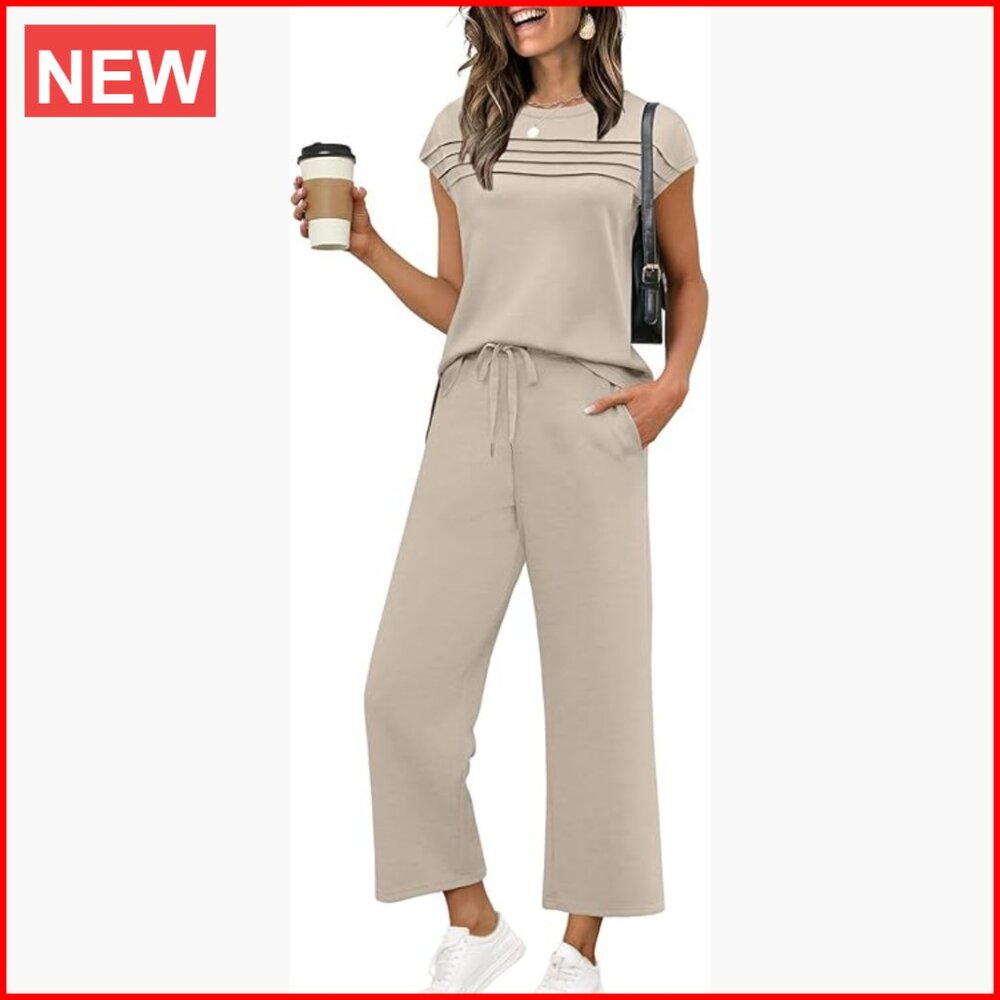 Two Piece Set Cap Sleeve Top Wide Leg Pants 49%Polyester 44%Rayon 7%Spandex